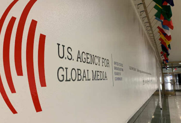 FILE - The U.S. Agency for Global Media logo at Voice of America, in Washington, D.C., Nov. 22, 2019. (VOA)
