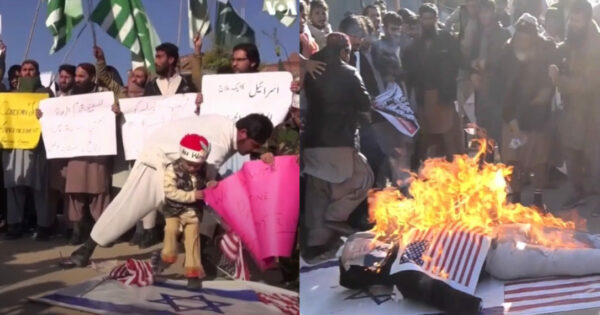 Screenshot from two of several lengthy raw footage videos posted on social media by the Voice of America (VOA), with the VOA logo, showing the burning of U.S. and Israeli flags in December 2017 without any attached balancing content, explanation of U.S. policy, or commentary.
